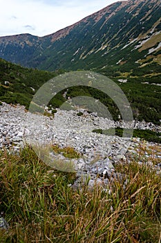 Hiking trails in Slovakia Tatra mountains near mountain lake of
