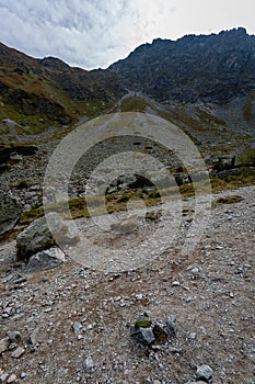 Hiking trails in Slovakia Tatra mountains near mountain lake of