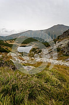 Hiking trails in Slovakia Tatra mountains near mountain lake of