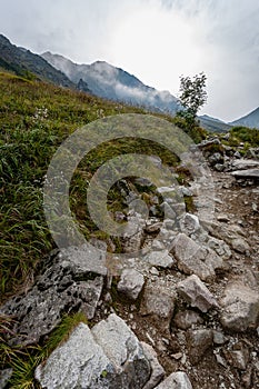 Hiking trails in Slovakia Tatra mountains near mountain lake of