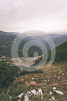 Hiking trails in Slovakia Tatra mountains near mountain lake of