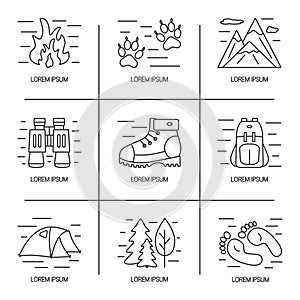 Hiking and travel line icons set. Logo design for outdoor concept. Vector illustration with open paths.