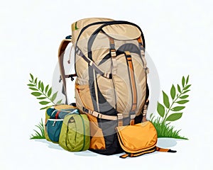 Hiking and trekking backpack and isolated white background