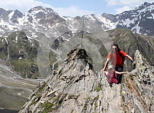 Hiking trekking child and father in the Alps, Austria