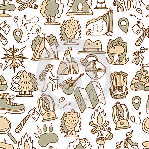 Hiking and trekking travel seamless pattern. Endless repeatable background with cartooning traveling elements about