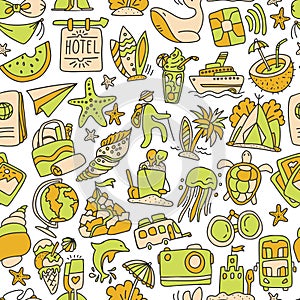 Hiking and trekking travel seamless pattern. Endless repeatable background with cartooning traveling elements about