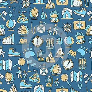 Hiking and trekking travel seamless pattern. Endless repeatable background with cartooning traveling elements about