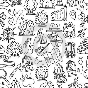 Hiking and trekking travel seamless pattern. Endless repeatable background with cartooning traveling elements about