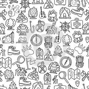 Hiking and trekking travel seamless pattern. Endless repeatable background with cartooning traveling elements about