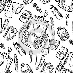 Hiking and trekking travel seamless pattern. Endless repeatable background with cartooning traveling elements about camping,