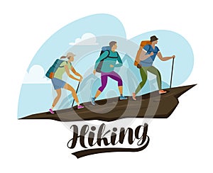 Hiking trip, climbing. People climb the mountain. Cartoon vector illustration