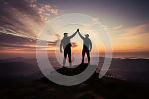 Hiking triumph, Silhouetted hands raised in teamworks victorious celebration on mountain