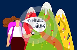 Hiking vector background. Mountains and girl, alpinism concept