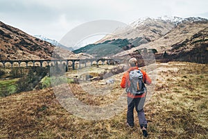 Hiking, walk with backpack, active lifestyle concept image. Man