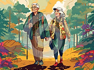 hiking walking couple happy old senior elderly grandfather trekking active. Generative AI.