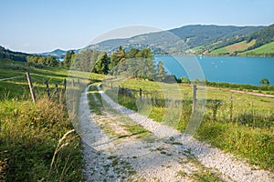 Hiking way with view to lake Schliersee, upper bavarian landscape