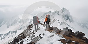 hiking in winter mountains. People traveling and sport concept and cloudy day