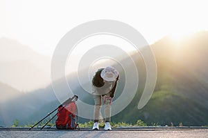 Hiking woman touch the injured knee