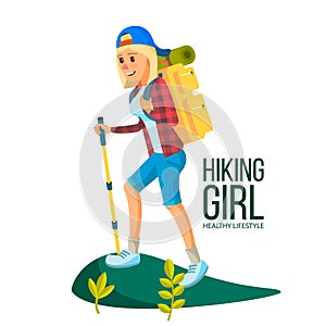 Hiking Woman Vector. Hiking In Mountains. Adventures In Nature, Vacation. Isolated Flat Cartoon Character Illustration