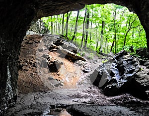 Hiking a wooded trail in Kentucky leading to a cave.