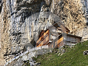 Hiking and Ãâscher cliff restaurant Aescher cliff restaurant Berggasthaus Aescher-Wildkirchli or Mountain inn Aescher-Wildkirchli photo