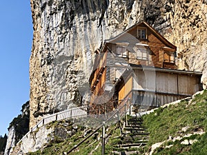 Hiking and Ãâscher cliff restaurant Aescher cliff restaurant Berggasthaus Aescher-Wildkirchli or Mountain inn Aescher-Wildkirchli photo