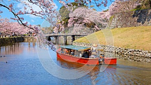 Hikone Castle Yakatabune Cruise in Shiga prfecture, Jpan is a sightseeing tour around the castle moat in a reconstructed boat
