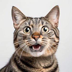 Hilarious cat with a funny expression, whiskers and fluffy fur, posing playfully on a white background.