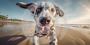 Hilarious Expression Funny-Faced Dalmatian Dog jumping on the Sandy Beach. Generative AI