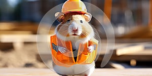 Hilarious hamster wearing hard hat and safety vest pretending to be construction worker on job site , concept of