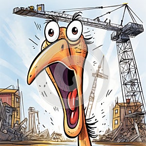 Hilarious Ostrich Cartoon Gazing At Construction Crane