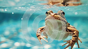 Hilarious underwater scene frog in pool plays deep dive action, Ai Generated