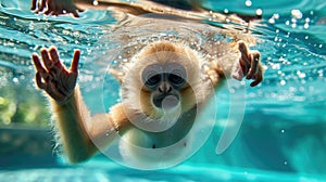 Hilarious underwater scene gibbon in pool plays deep dive action, Ai Generated