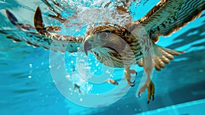 Hilarious underwater scene hawk in pool plays deep dive action, Ai Generated