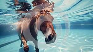 Hilarious underwater scene horse in pool plays deep dive action, Ai Generated
