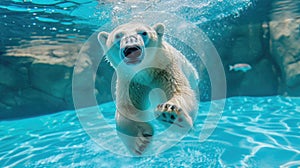 Hilarious underwater scene polarbear in pool plays deep dive action, Ai Generated