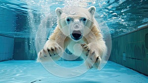 Hilarious underwater scene polarbear in pool plays deep dive action, Ai Generated