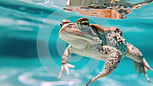 Hilarious underwater scene toad in pool plays deep dive action, Ai Generated