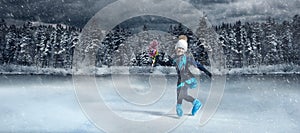 Hild  figure skater on winter lake  background