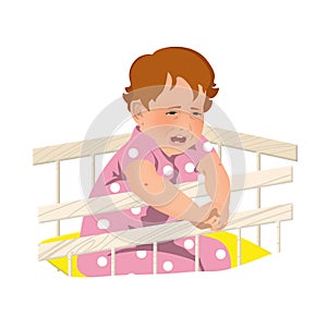 Ð¡hild is naughty and crying in the crib. Isolated on white background