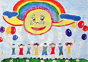 ÃÂ¡hild`s drawing. Children together holding hands.
