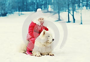Ñhild and white Samoyed dog walking in winter
