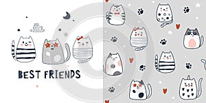 Ð¡hildish pattern with cute cats, kids print.