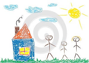 Ð¡hildren`s drawing of family and house