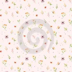 ÃÂ¡hildren`s watercolor seamless pattern. Floral and colorful polka dot background. Design of flowers, leaves, circles and