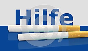 Hilfe. The german word Help over blue background with cigarettes.