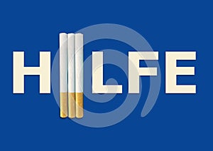 Hilfe. The german word Help over blue background with cigarettes. photo