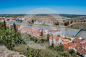 Hill and city architecture, river Sado in an aerial view, AlcÃ¡cer do Sal - PORTUGAL photo