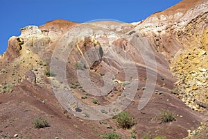 Hill of clay of different shades in the valley of Kyzyl-Chin