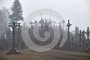 Hill of Crosses in the mist.